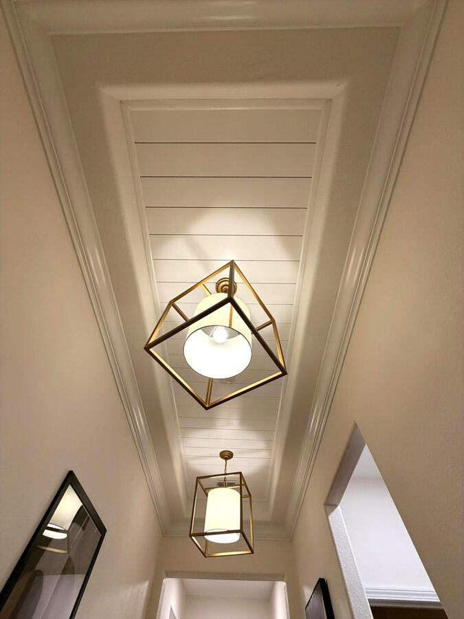 Modern light fixtures with shiplap tray ceiling Modern light fixtures with shiplap tray ceiling