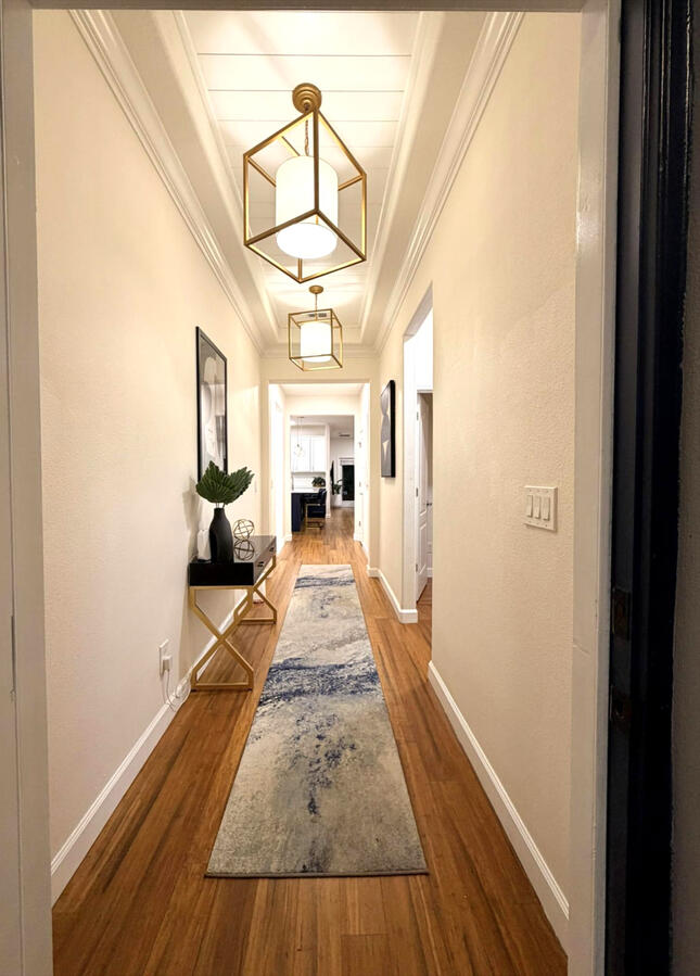 Foyer with modern light fixtures and shiplap tray ceiling Foyer with modern light fixtures and shiplap tray ceiling